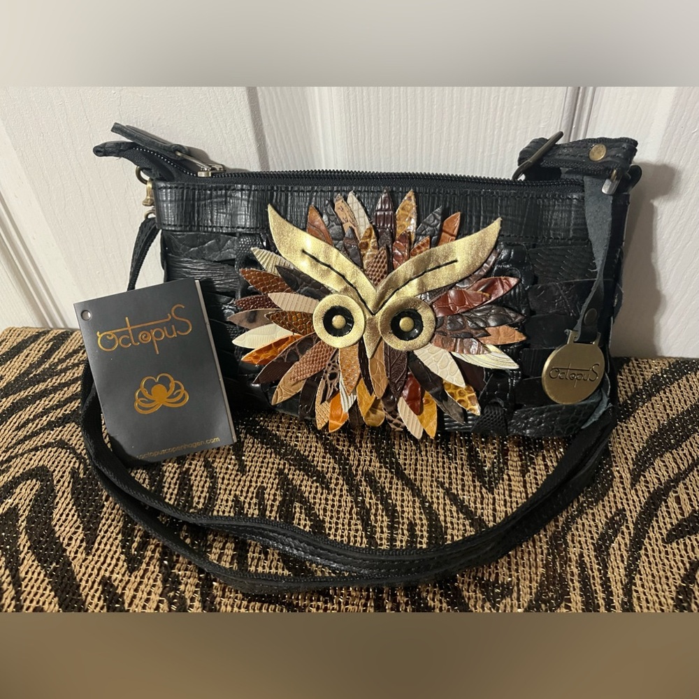 Jen in black/multi. The smaller braided owl shoulder bag/clutch from Octopus